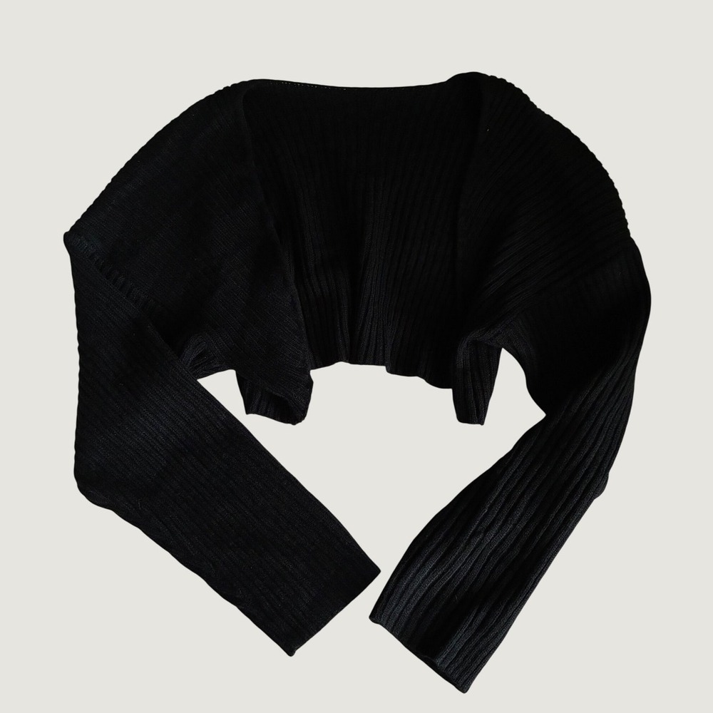 Black Ribbed Knit Shrug Ultra Crop Bolero Long Sleeve Grunge Goth Sweater L